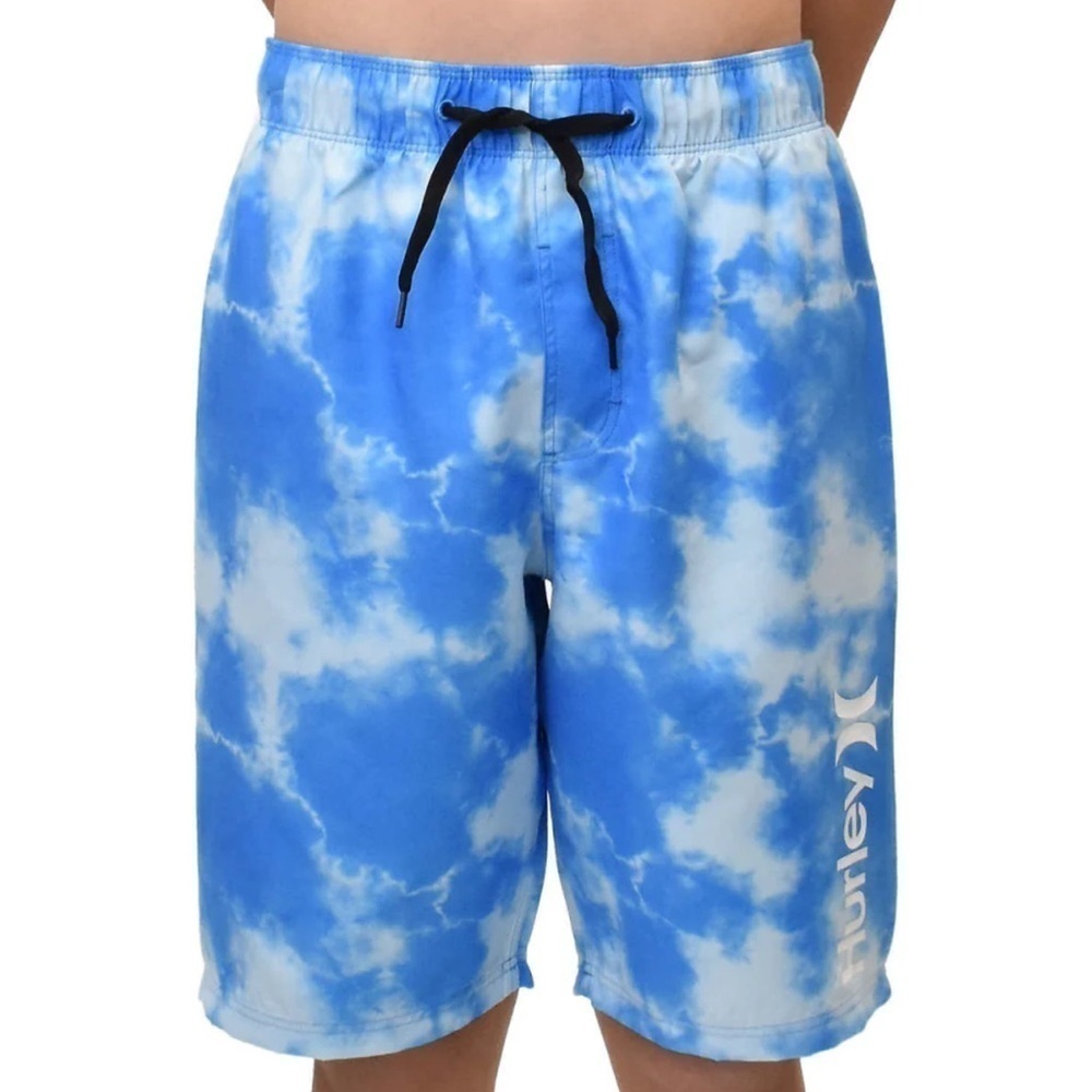Hurley Youth Boy Large Blue White Swim Trunks Bathing Suit Drawstrings Liner